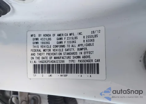 2013 Honda Accord Sport z USA, uszkodzony, nr VIN 1HGCR2F54DA023266